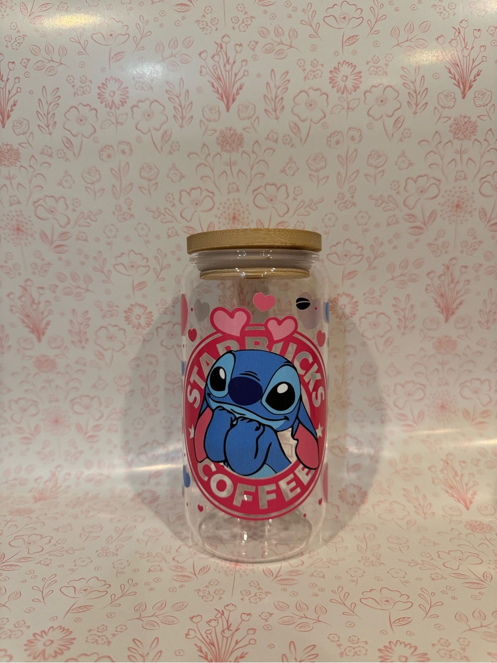 Stitch Starbucks Coffee Glass Jar - Pink & Blue